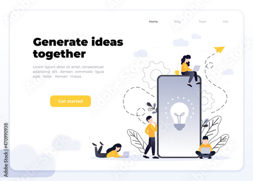People working together. Coworking, freelance, teamwork, communication, interaction, idea, independent activity concept, violet palette. Glassmorphism landing page concept.