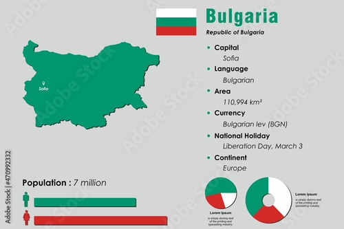 Bulgaria infographic vector illustration complemented with accurate statistical data. Bulgaria country information map board and Bulgaria flat flag