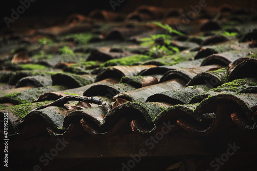 Close-up of old roofing tiles.
