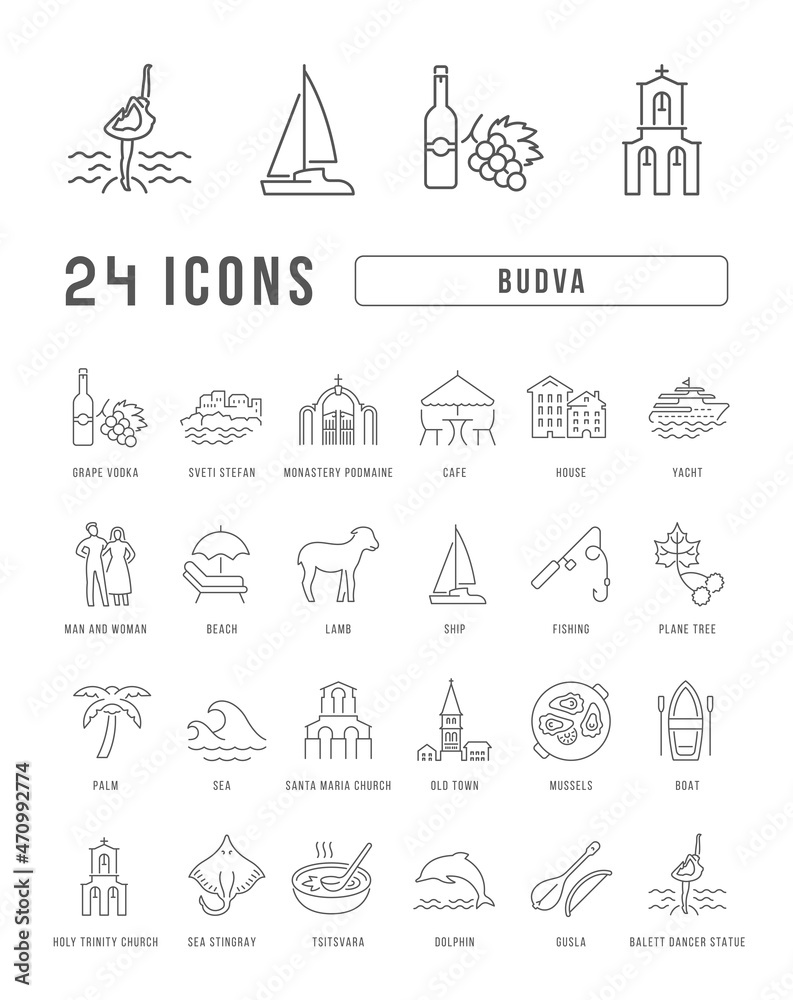 Set of linear icons of Budva