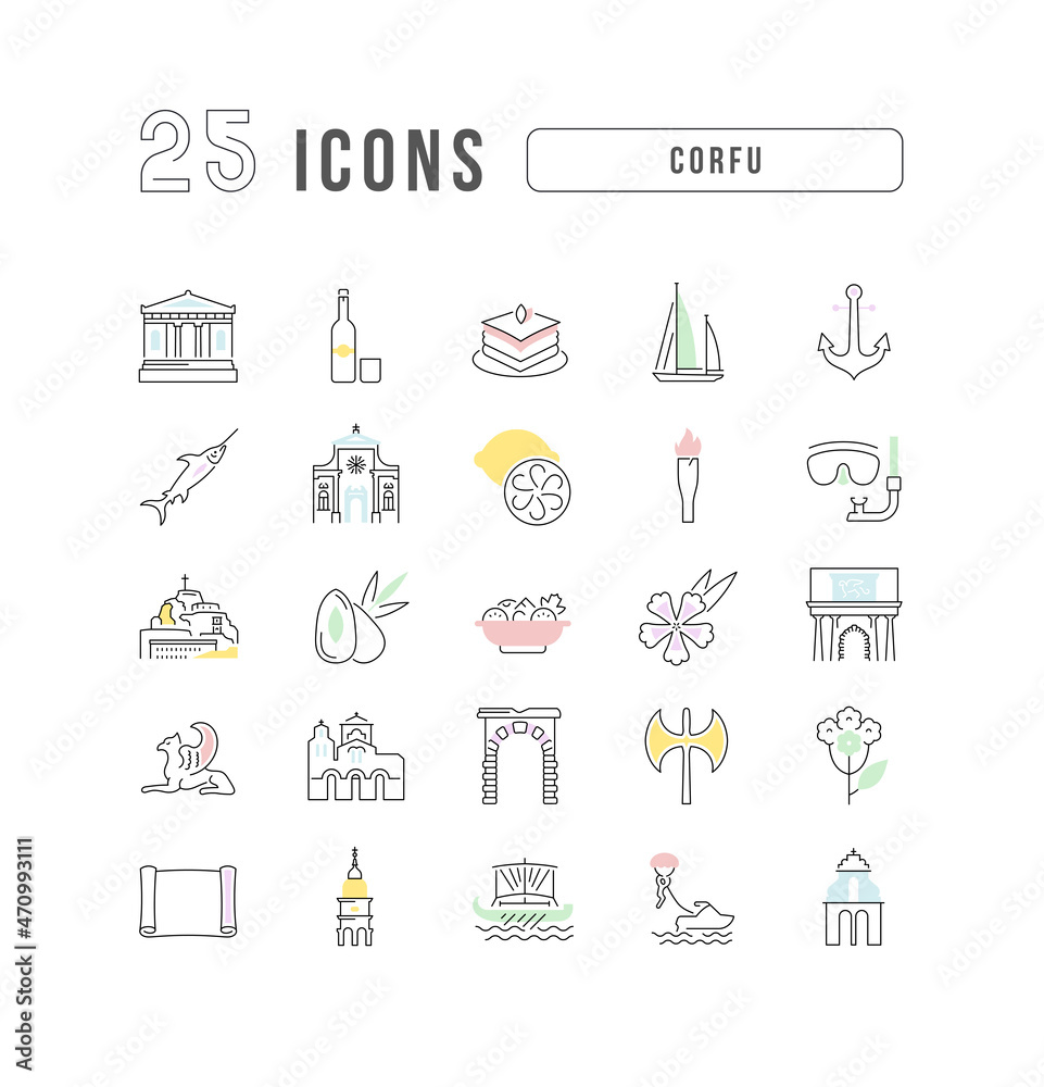 Naklejka premium Set of linear icons of Corfu