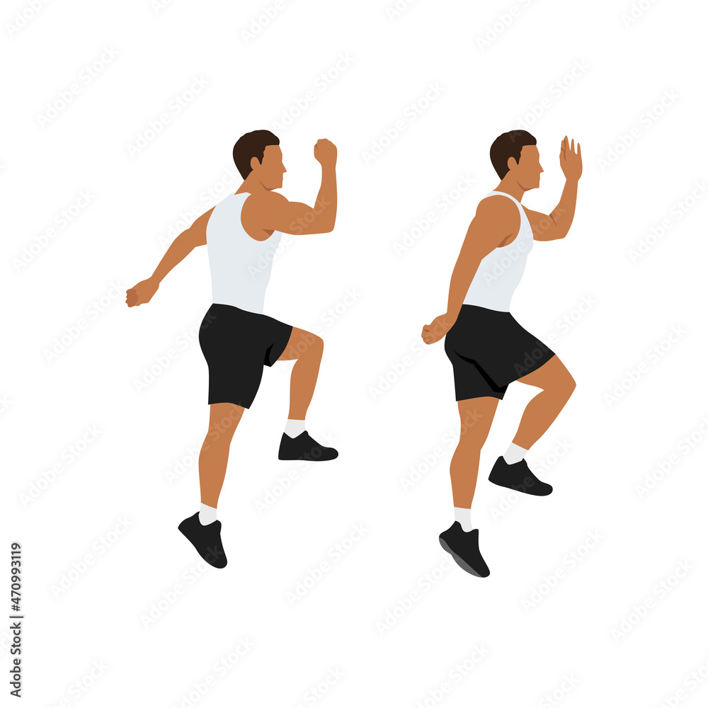 Man doing Power skips exercise. Flat vector illustration isolated on white background Man doing Power skips exercise. Flat vector illustration isolated on white background