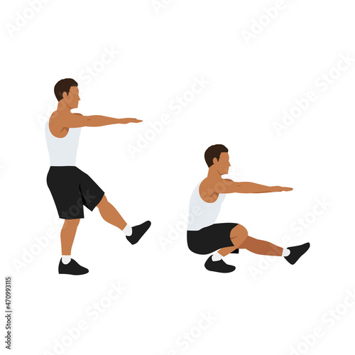 Man doing Pistol. Single leg extended arm squats exercise. Flat vector illustration isolated on white background