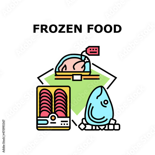 Frozen Food Vector Icon Concept. Fish Head Seafood, Raw Chicken Carcass And Sausage Or Sliced Meat Frozen Food In Packaging. Cold Nutrition Storaging In Refrigerator Color Illustration
