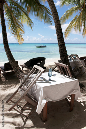 Restaurant by the sea. Vacation on the Caribbean coast on the Island of Saona.