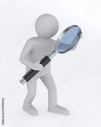 man with magnifier on white background. Isolated 3D illustration