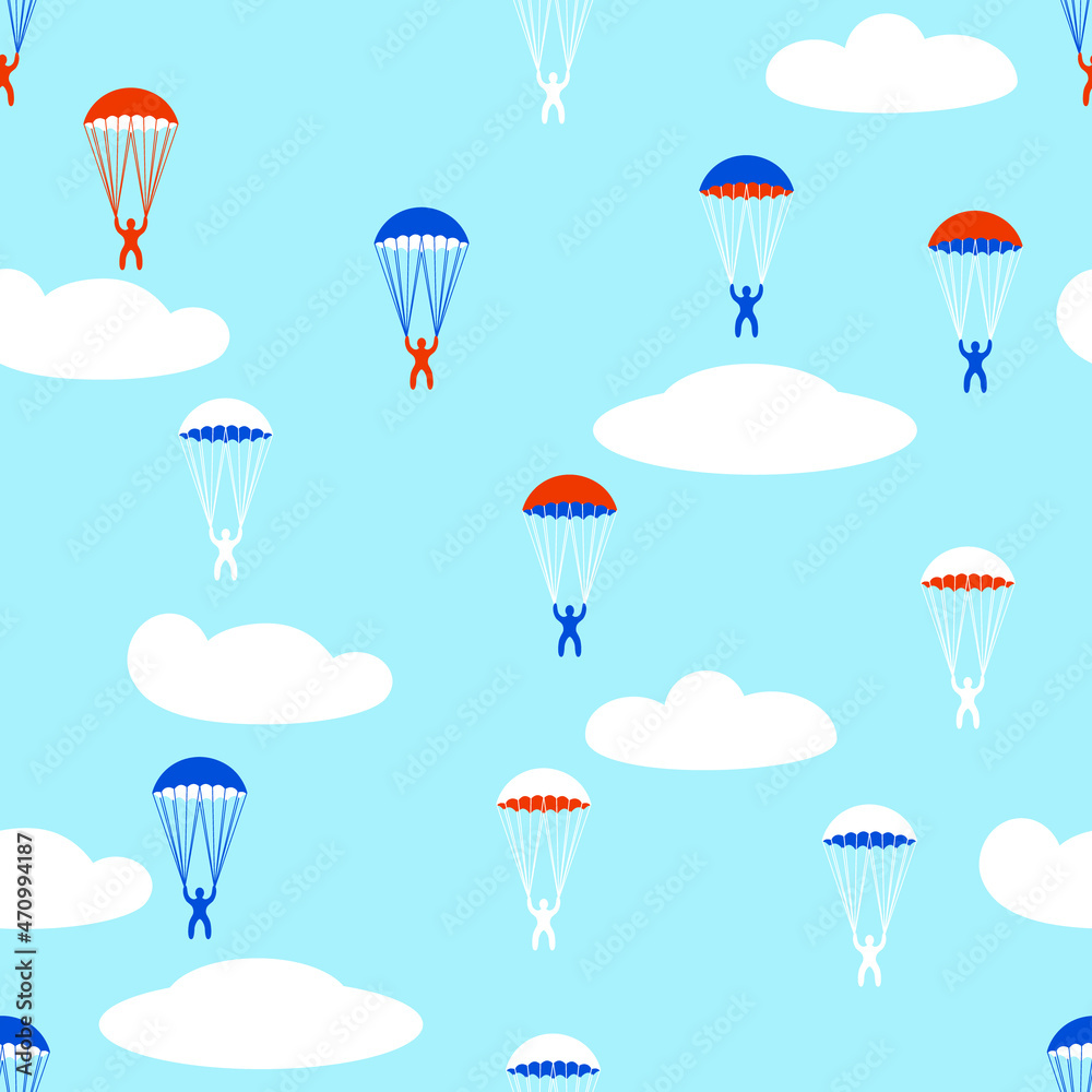 cartoon skydivers and clouds, minimalistic vector pattern