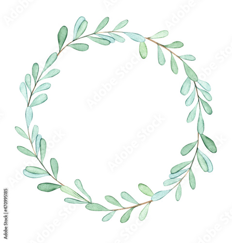 Watercolor mistletoe wreath isolated on white background.