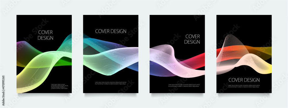 黒の背景に鮮やかなウェーブラインのベクターカバーデザインセット（イラスト）。ビジネスのパンフレット、カード、ポスターなどの背景として。