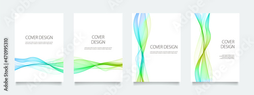 白の背景に青と緑のウェーブラインのベクターカバーデザインセット（イラスト）。ビジネスのパンフレット、カード、ポスターなどの背景として。