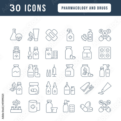 Pharmacology and Drugs. Collection of perfectly thin icons for web design, app, and the most modern projects. The kit of signs for category Medicine.