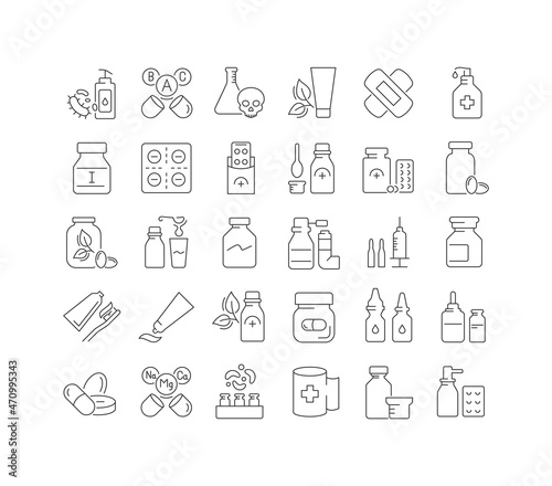 Pharmacology and Drugs. Collection of perfectly thin icons for web design, app, and the most modern projects. The kit of signs for category Medicine.