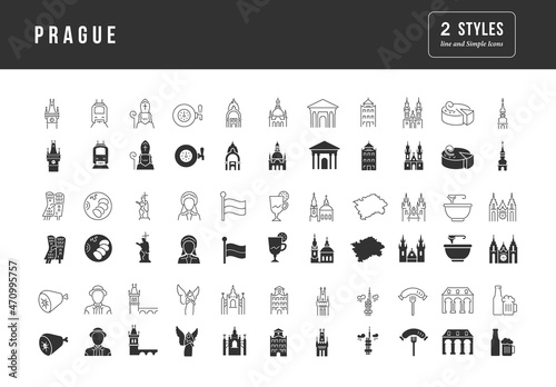 Prague. Collection of perfectly simple monochrome icons for web design, app, and the most modern projects. Universal pack of classical signs for category Countries and Cities.