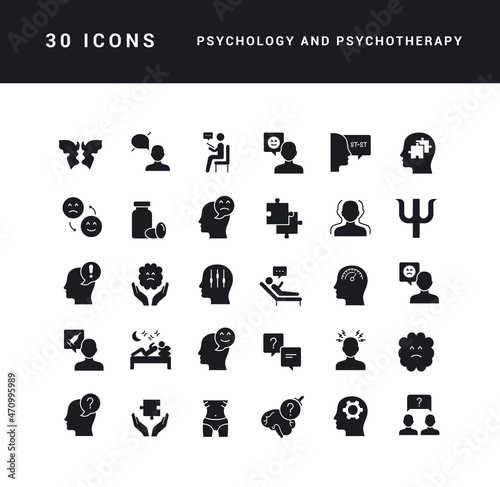 Psychology and Psychotherapy. Collection of perfectly simple monochrome icons for web design, app, and the most modern projects. Universal pack of classical signs for category Medicine.