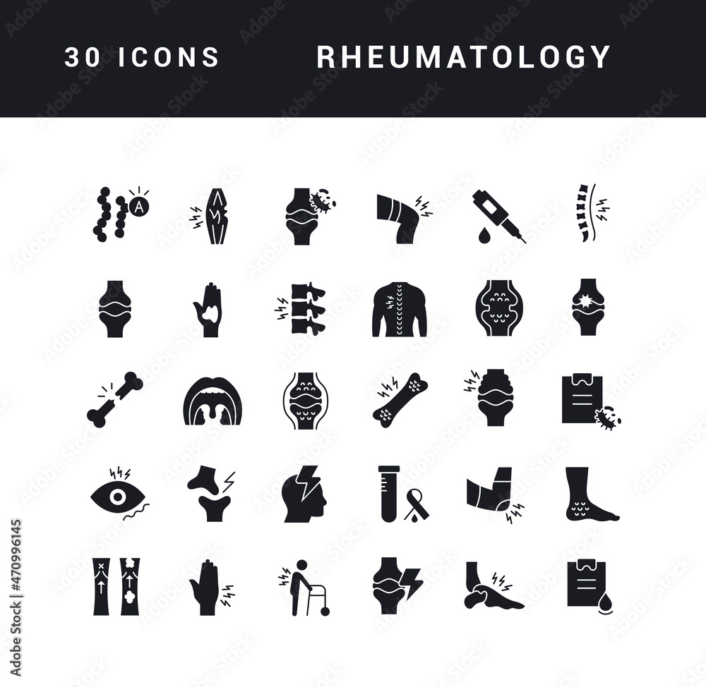 Rheumatology. Collection of perfectly simple monochrome icons for web design, app, and the most modern projects. Universal pack of classical signs for category Medicine.