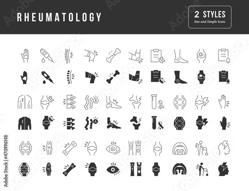 Rheumatology. Collection of perfectly simple monochrome icons for web design, app, and the most modern projects. Universal pack of classical signs for category Medicine.