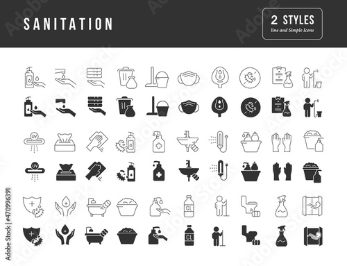 Sanitation. Collection of perfectly simple monochrome icons for web design, app, and the most modern projects. Universal pack of classical signs for category Medicine.