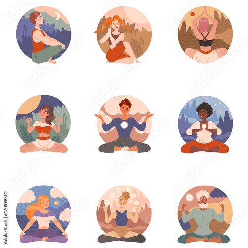People meditating in yoga poses in nature set. Man and woman practicing yoga and breathing exercise cartoon vector illustration