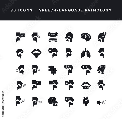 Speech-Language Pathology. Collection of perfectly simple monochrome icons for web design, app, and the most modern projects. Universal pack of classical signs for category Medicine.