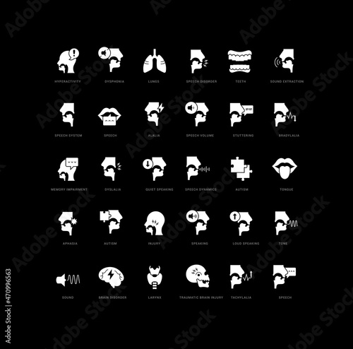 Speech-Language Pathology. Collection of perfectly simple monochrome icons for web design, app, and the most modern projects. Universal pack of classical signs for category Medicine.