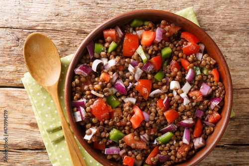 Delicious fresh green lentil salad with tomatoes, onions and chili peppers close-up in a plate on the table. horizontal top view from above