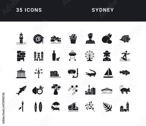 Sydney. Collection of perfectly simple monochrome icons for web design, app, and the most modern projects. Universal pack of classical signs for category Countries and Cities. #470996738