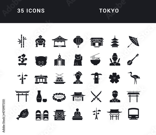 Tokyo. Collection of perfectly simple monochrome icons for web design, app, and the most modern projects. Universal pack of classical signs for category Countries and Cities.