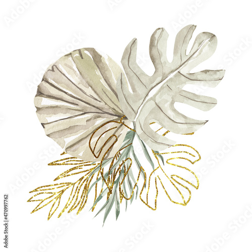 Watercolor tropical leaves with gold glitter leaves bouquet on white background