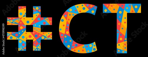 CT Hashtag. Mosaic isolated text. Letters from pieces of triangles, polygons and bubbles. #CT is abbreviation for the US American state Connecticut for print, clothing, t-shirt, poster, banner, flyer.