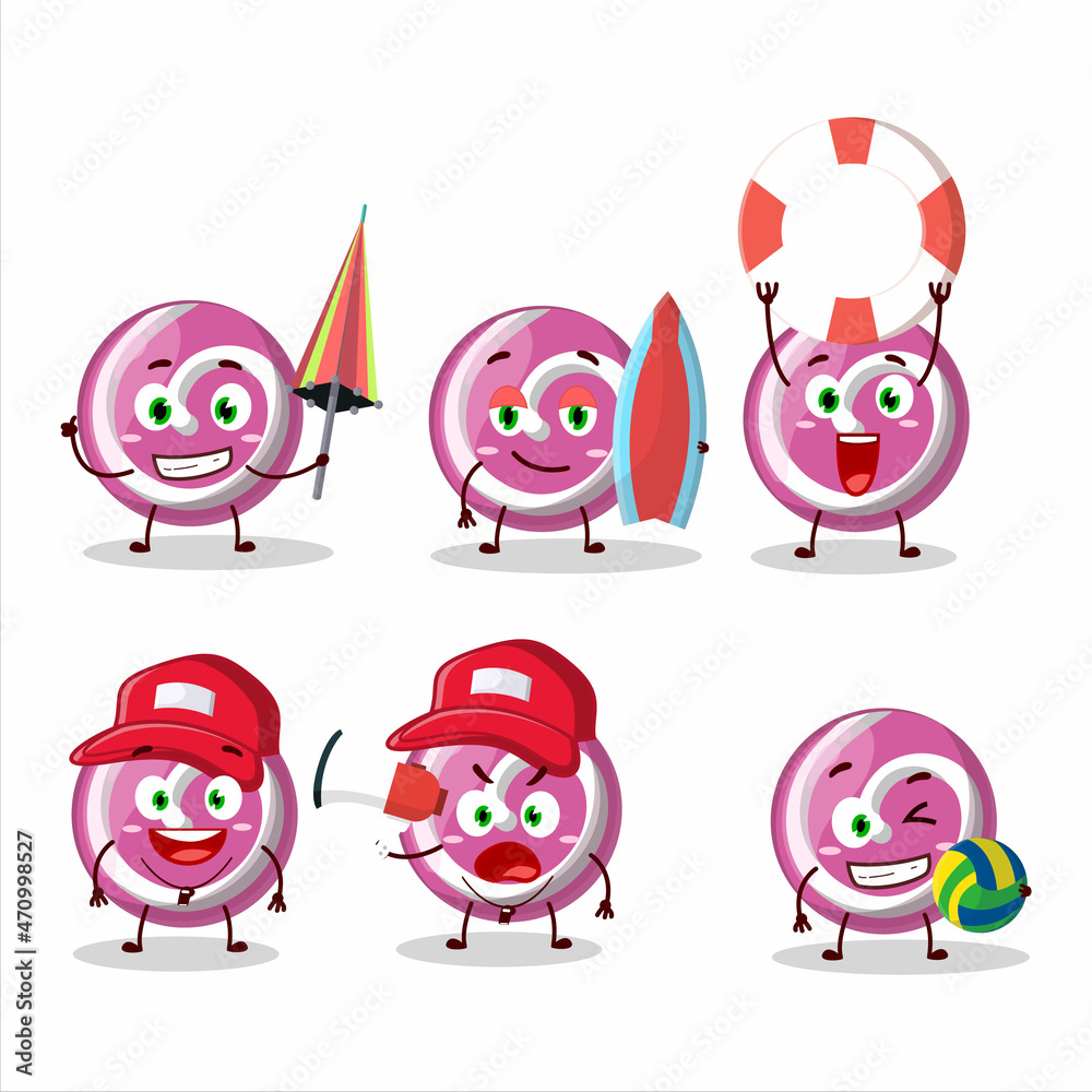 Happy Face pink sweet candy cartoon character playing on a beach