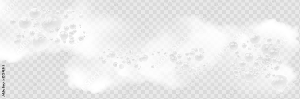 Bath foam with shampoo bubbles isolated on a transparent background. Vector shave, foam mousse with bubbles top view template for your advertising design.