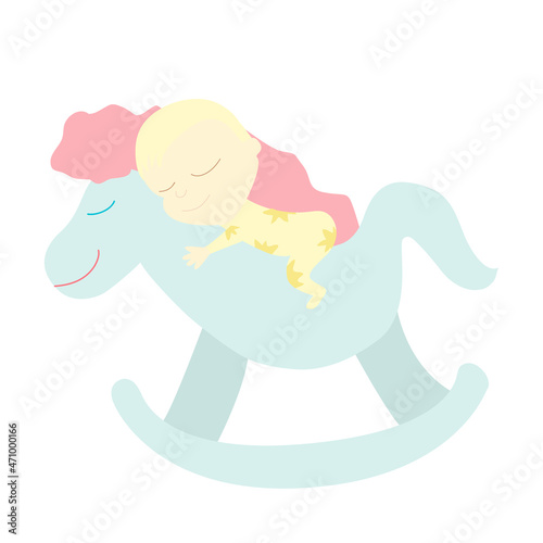 A small European child swings on a toy horse. Baby dressed in a yellow suit. Vector cartoon illustration in flat style and  delicate pastel colors isolated on white background.