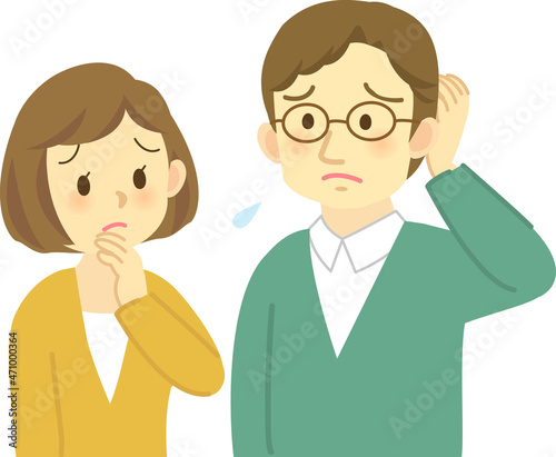 イラスト素材:若夫婦が向かい合って困った表情で思い悩む場面　 頭をかく姿
