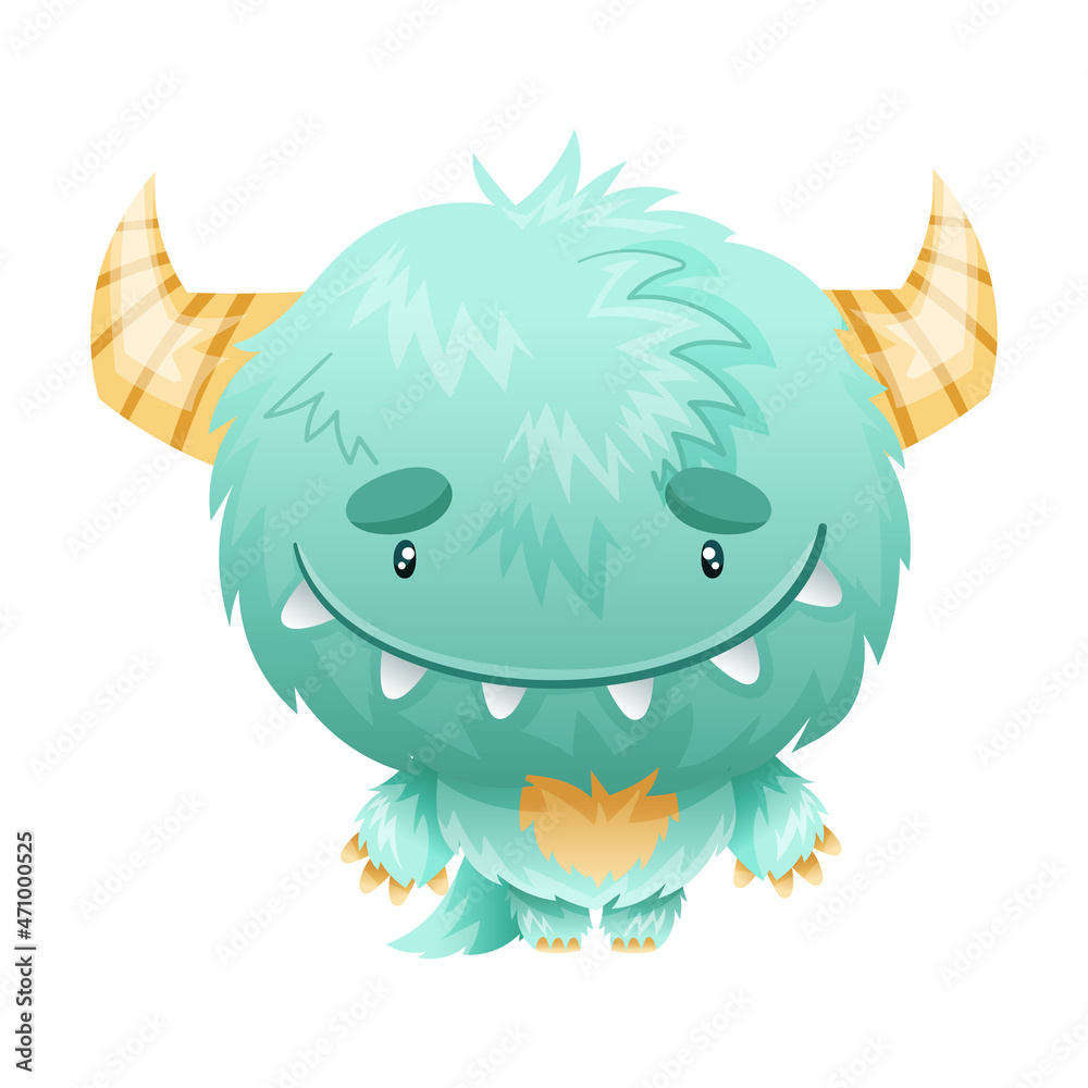Cute cartoon monster baby character. Fluffy horned alien with funny smiling  face vector illustration Stock Vector | Adobe Stock