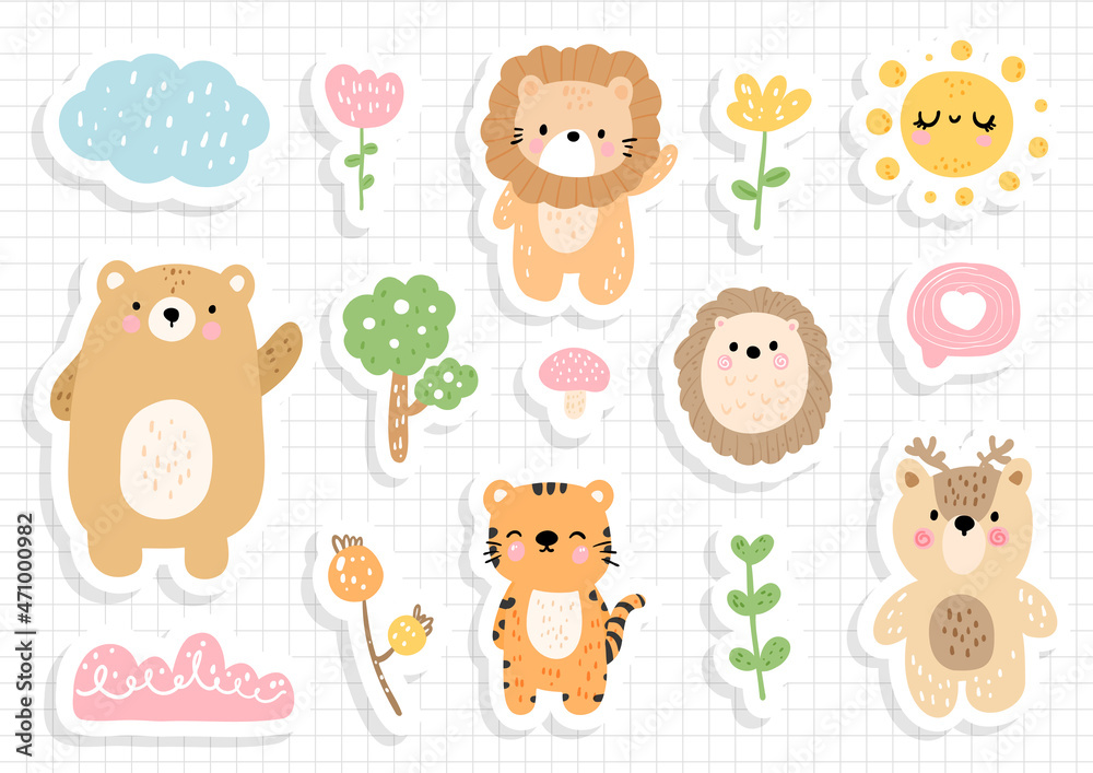 Fototapeta premium woodland animal sticker, scrapbook. Animal sticker sheet