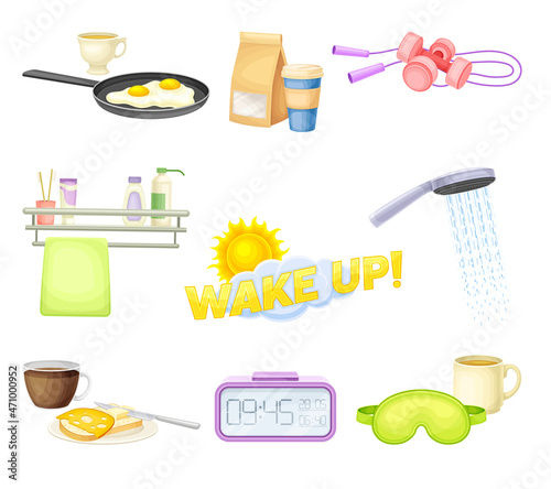 Morning time symbols set. Breakfast food, bathroom accessories and alarm clock. Wake up concept cartoon vector illustration