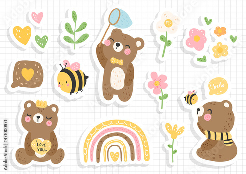 honey bee and bear sticker, scrapbook, bee sticker sheet