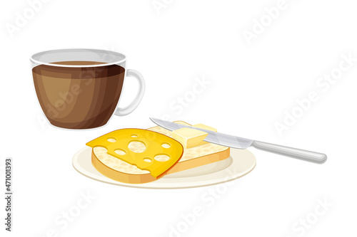 Coffee cup, toast bread, butter and cheese. Breakfast food, morning time concept cartoon vector illustration