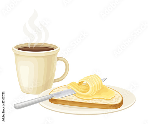 Coffee cup, bread and butter and cheese. Breakfast food, morning time concept cartoon vector illustration