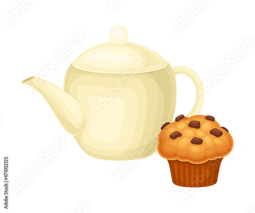 Breakfast food, morning time concept. White ceramic teapot and cupcake cartoon vector illustration
