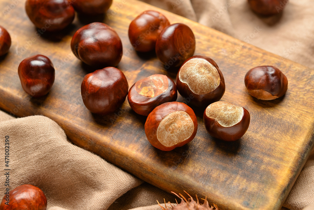 Wooden board with chestnuts on fabric background, closeup - obrazy, fototapety, plakaty 