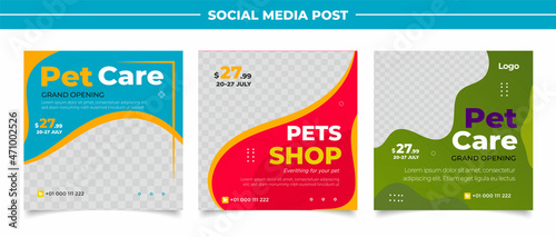 Pet shop social media post template design with photo collage.	