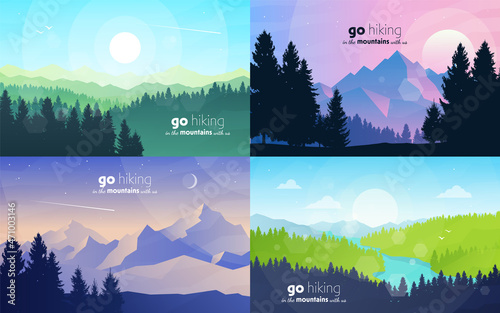 Abstract landscape vector set. Banners set with polygonal mountains landscape illustrations. Minimalistic style. Flat design. Travel concept of discovering, exploring, observing nature. Hiking.