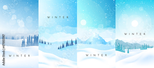 Winter Landscapes Set. Vector illustration. Mountain landscape. Travel concept of discovering. Hiking tourism. Adventure. Minimalist graphic posters. Polygonal flat design for coupons, vouchers, cards