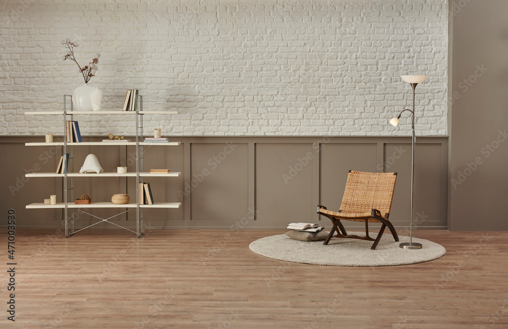 Naklejka premium White brick and classic brown wall background with bookshelf home accessory, chair carpet and lamp style, parquet floor.