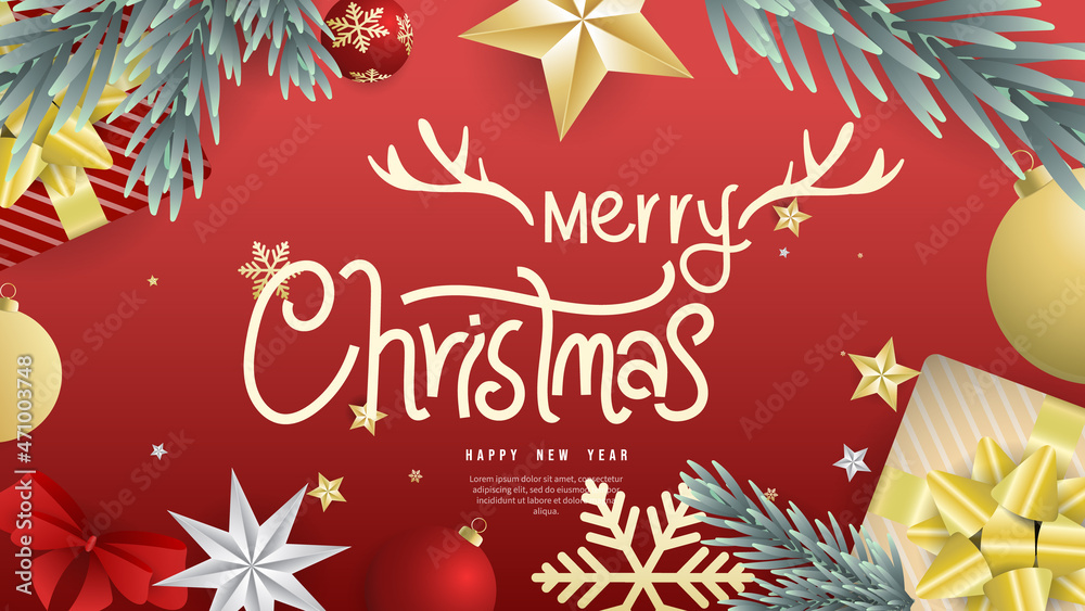 Merry Christmas with Element in Christmas holiday on red background , Flat Modern design , illustration Vector EPS 10