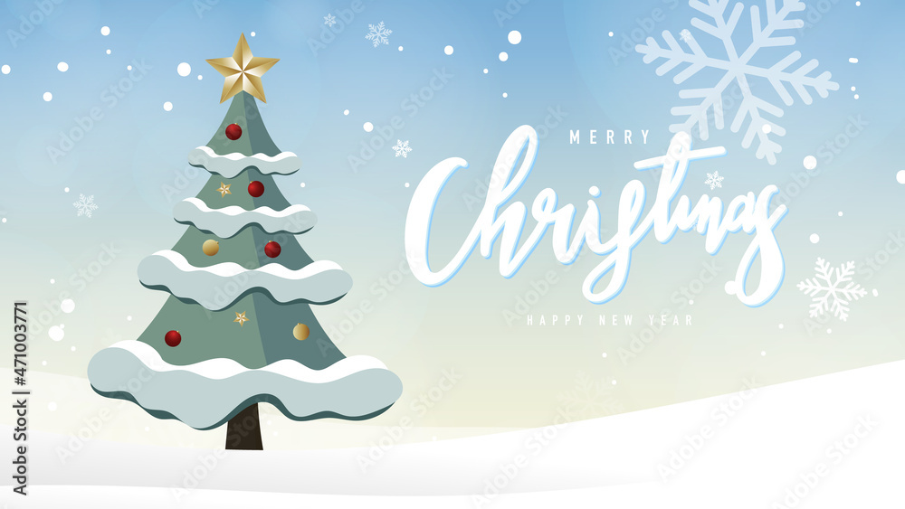 Christmas tree in Christmas holiday with bokeh and snow  ,for content online or banner for your website and template, Simple cartoon flat style. illustration Vector EPS 10