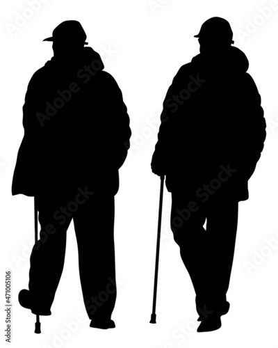 Elderly man walking down the street with a cane. Isolated silhouettes on white background