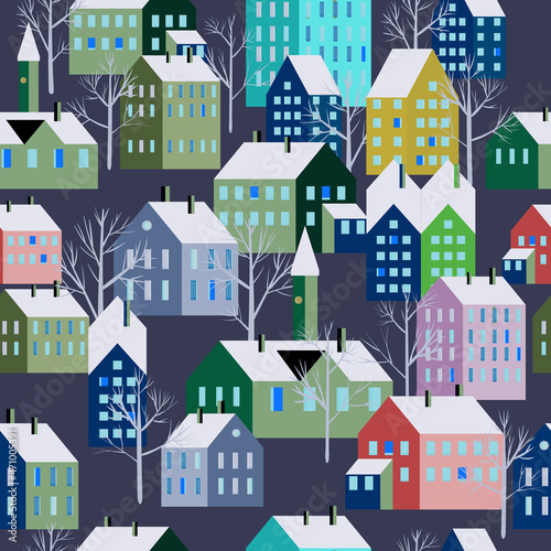 Seamless winter city landscape. Christmas scandinavian town  trees houses  seasone pattern New Year and Christmas holidays. Vector illustration minimalism style