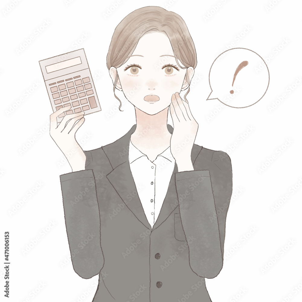 電卓を持つ、驚いているスーツを着た女性 電卓を持つ、驚いているスーツを着た女性